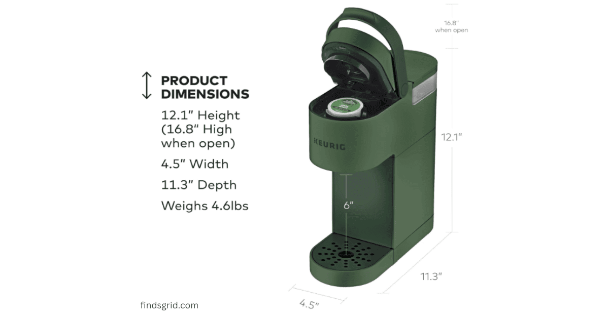 Product dimensions and compact size breakdown of Keurig K-Mini coffee maker