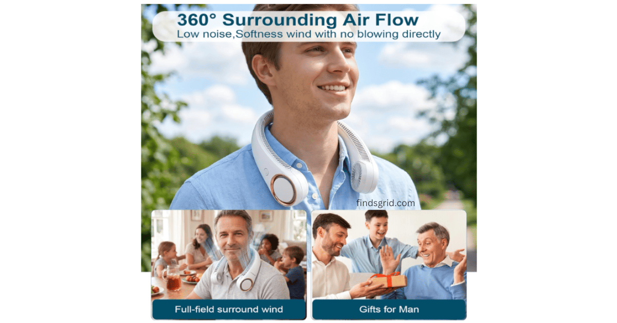 A smiling man wearing a white CIVPOWER neck fan with text showing 360 surrounding air flow and photos of family gifting it