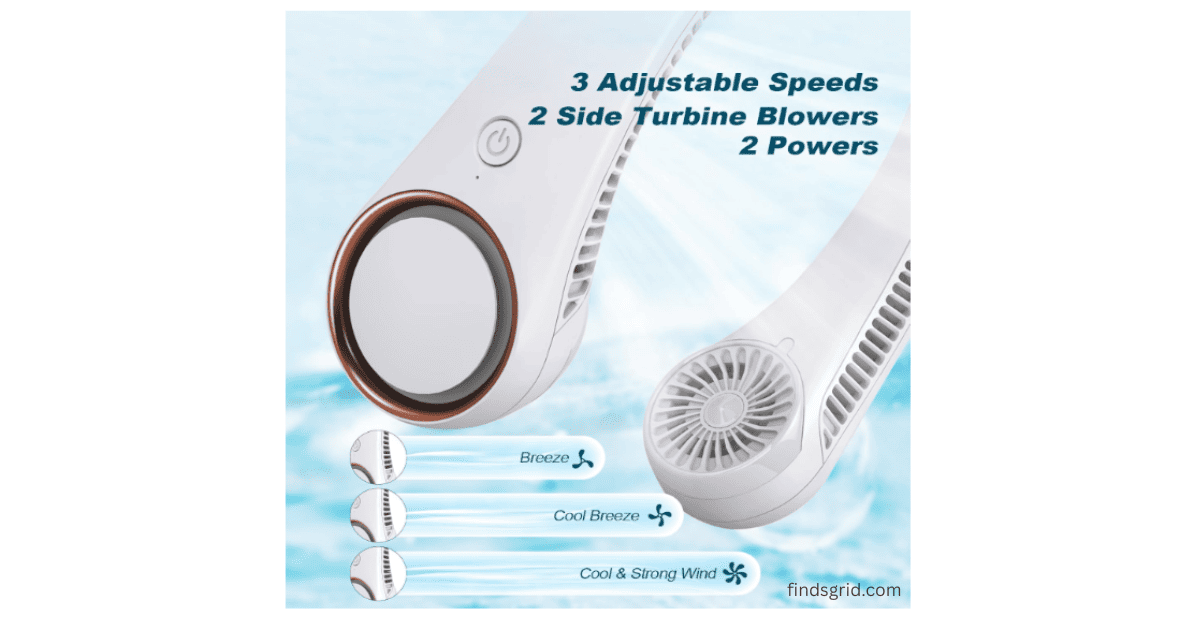 Close up of the CIVPOWER fan showing 3 adjustable speed modes named Breeze, Cool Breeze, and Cool and Strong Wind