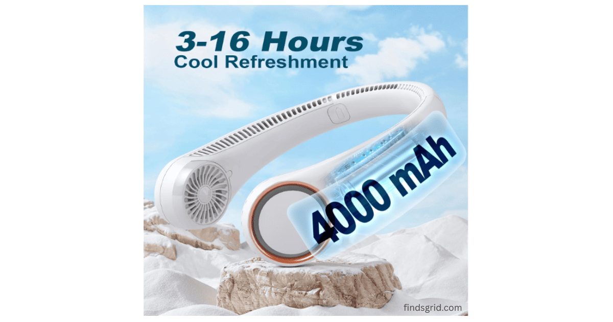 White portable neck fan placed on a rock showing 4000 mAh battery capacity and 3 to 16 hours of cool refreshment