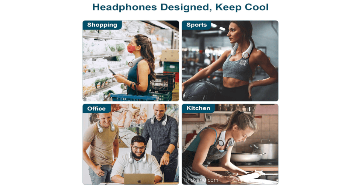 Four lifestyle photos showing people wearing the headphone design neck fan while shopping, doing sports, working in an office, and cooking in the kitchen