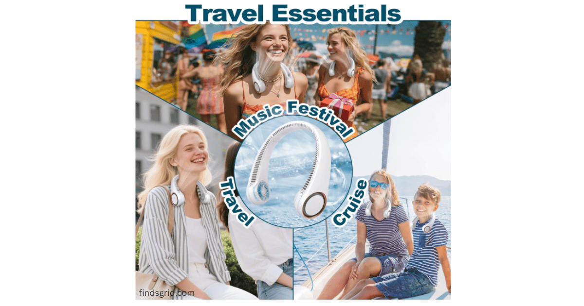 Collage of people using the neck fan as travel essentials during music festivals, travel, and cruise trips