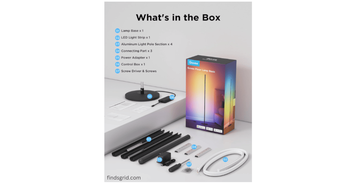 What is in the box Govee RGBIC floor lamp components and assembly parts