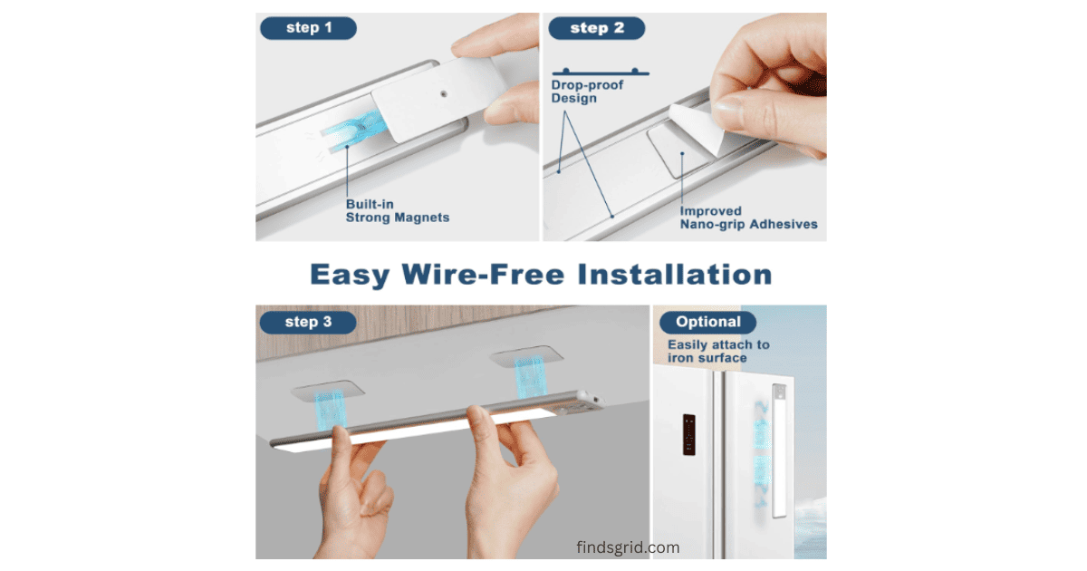 Easy wire free installation steps for magnetic under cabinet lights