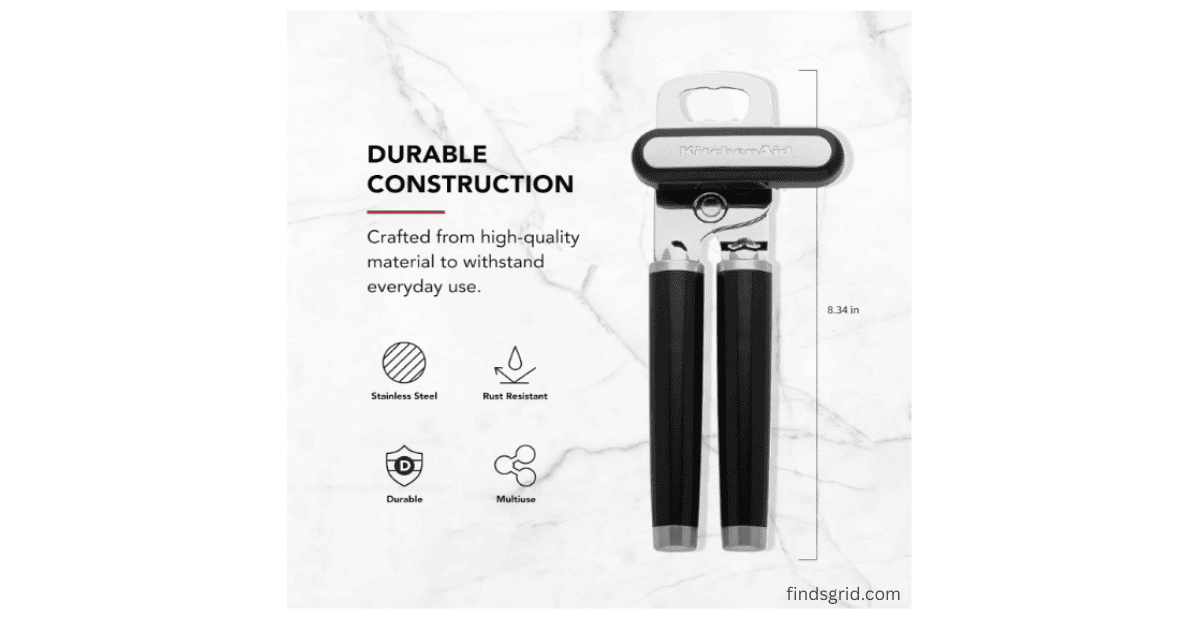 KitchenAid can opener with durability icons showing stainless steel and rust resistant properties.