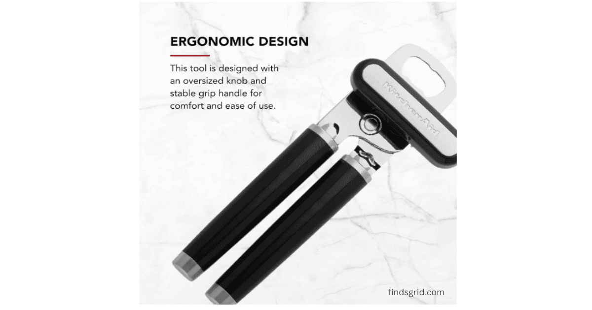 KitchenAid can opener highlighting its ergonomic design with an oversized knob and stable grip handle.