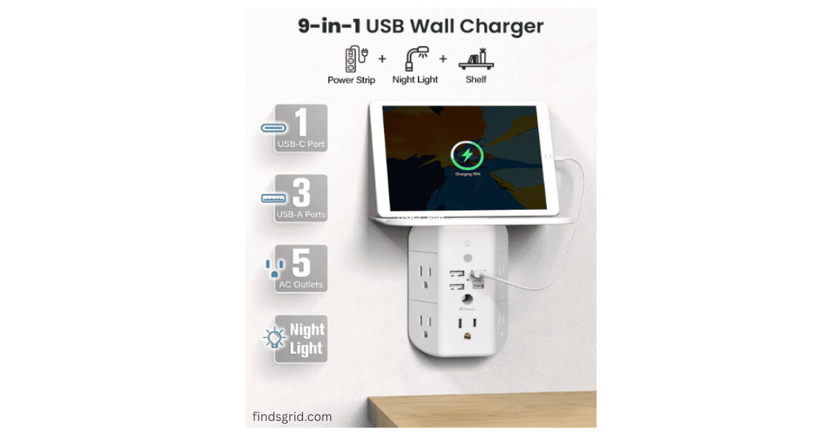 Mifaso 9-in-1 USB wall charger AC outlets and USB C port layout