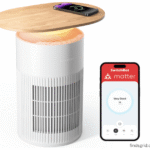 SwitchBot smart air purifier table with wireless charging and mobile app display