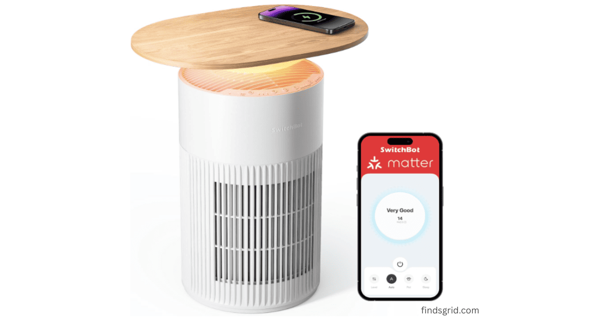 SwitchBot smart air purifier table with wireless charging and mobile app display