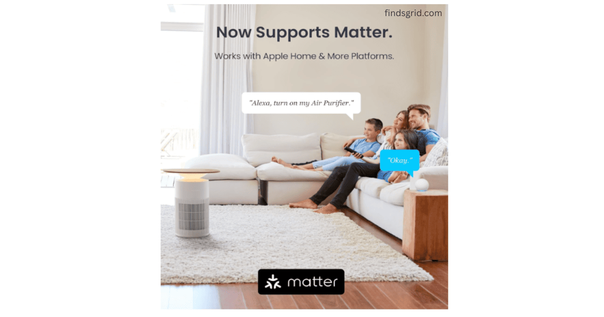 SwitchBot air purifier with Matter support connecting to Alexa in a smart home living room