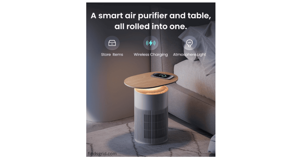 SwitchBot smart air purifier used as a bedroom side table with ambient light