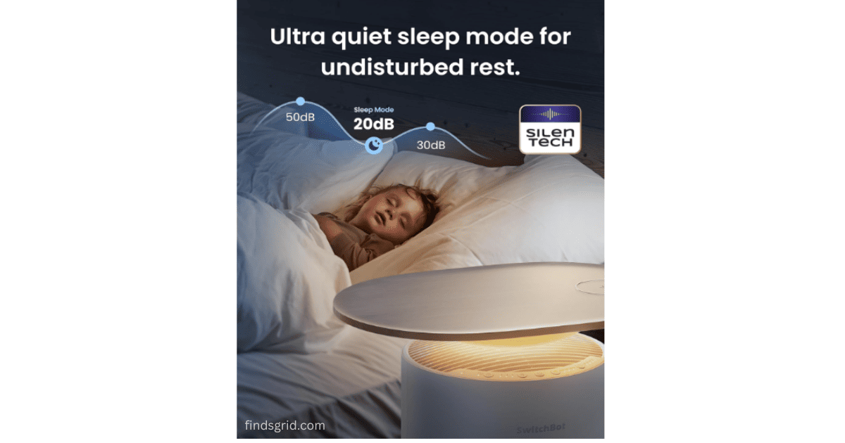 SwitchBot air purifier operating at ultra quiet 20dB in sleep mode next to a sleeping child