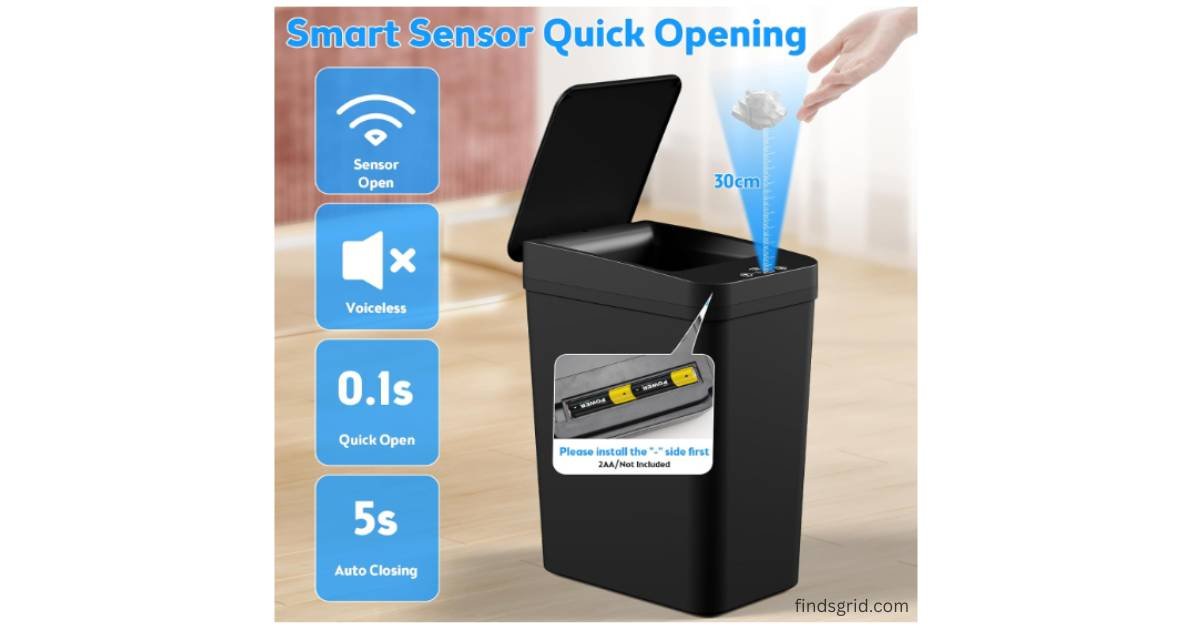 Motion sensor detection range and AA battery slot for touchless trash bin