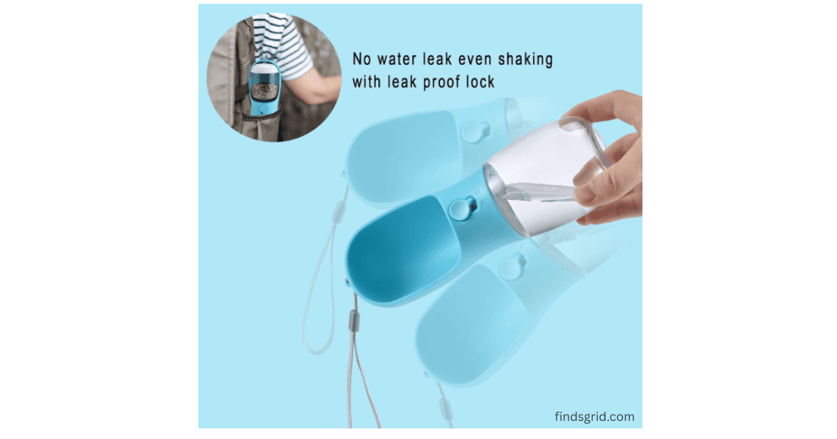 Cibaabo leak proof dog water bottle being shaken with no water leak showing lock switch in closed position with text no water leak even shaking