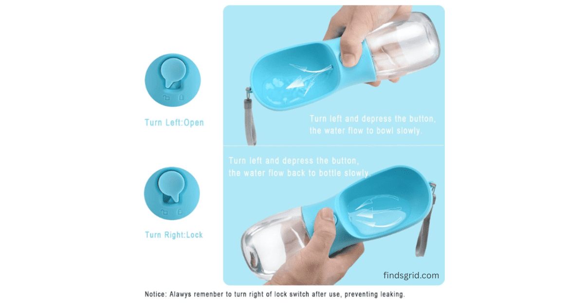 Cibaabo portable pet water dispenser operation instructions showing turn left to open water flow and turn right to lock with button press mechanism