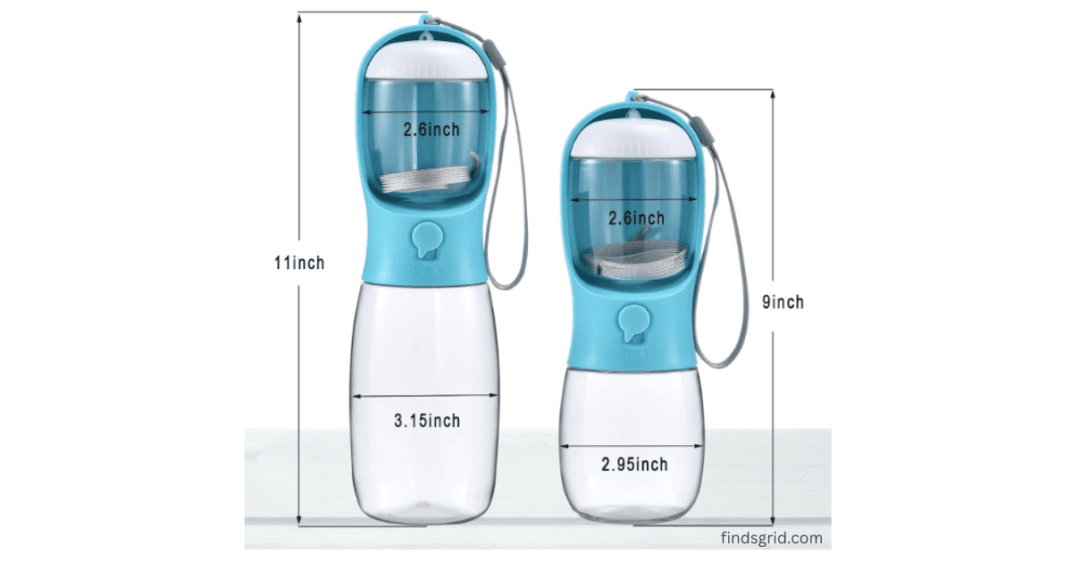 Cibaabo dog water bottle dimensions showing 11 inch height 2.6 inch width and detailed measurements for 10oz and 19oz travel water bottle sizes