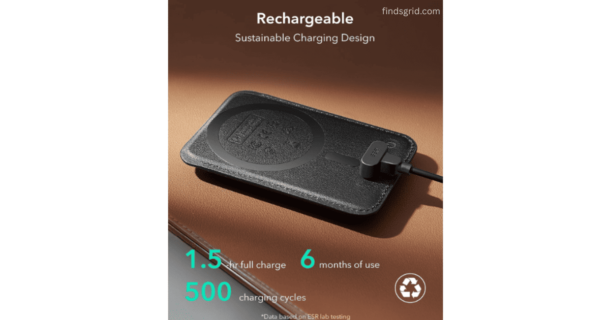 Charging ESR Geo MagSafe Wallet with proprietary magnetic cable for 6 months battery life