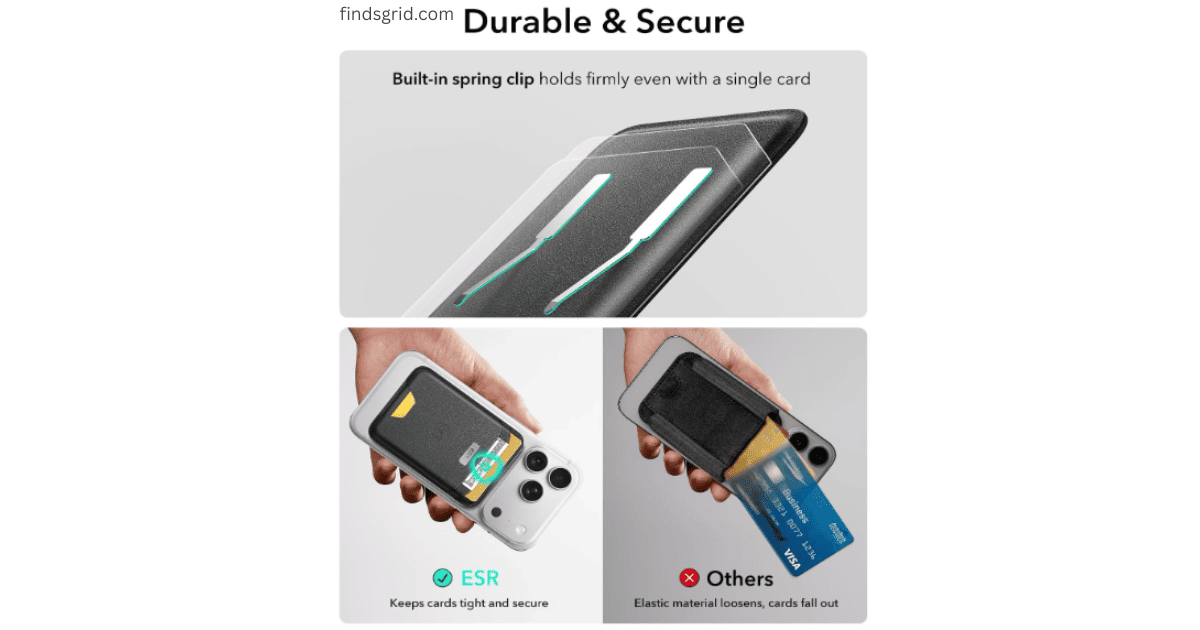 ESR Geo MagSafe Wallet built-in spring clip keeping a single card tight and secure
