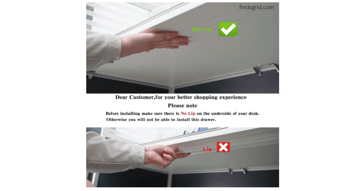Flat desk surface vs desk with a lip showing installation compatibility for Navtcow under desk drawer