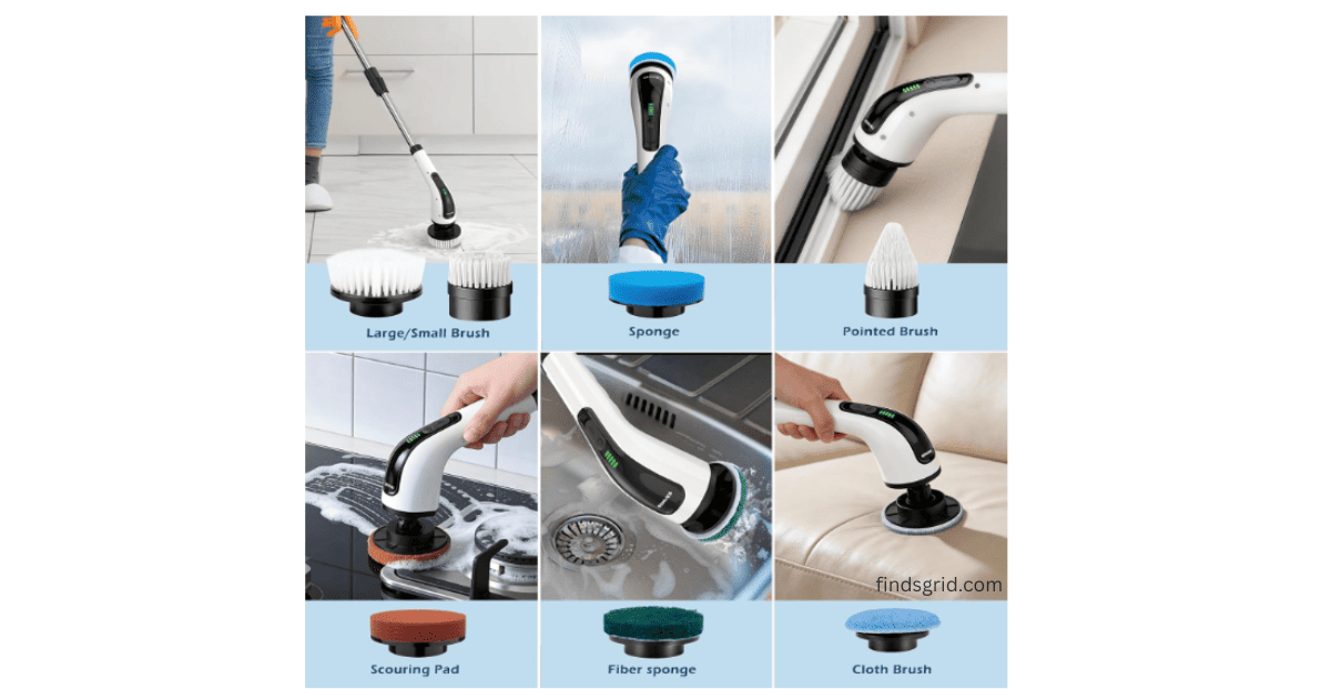 Cordless electric spin scrubber with multiple interchangeable brush heads for bathroom cleaning