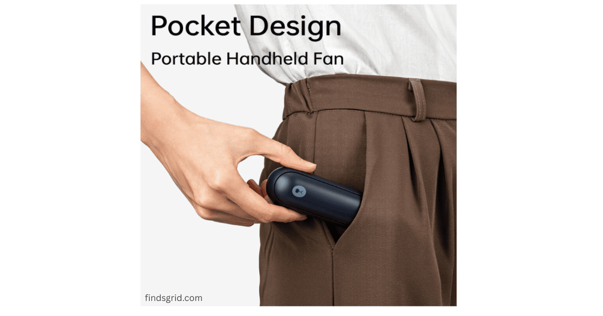Ultra compact pocket sized personal fan being inserted into a small jeans pocket for easy travel convenience.