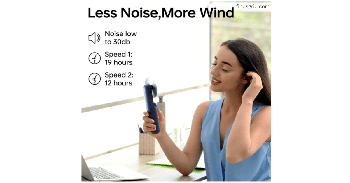 JISULIFE personal handheld fan offering less noise and more wind features with 19 hours battery backup illustration.
