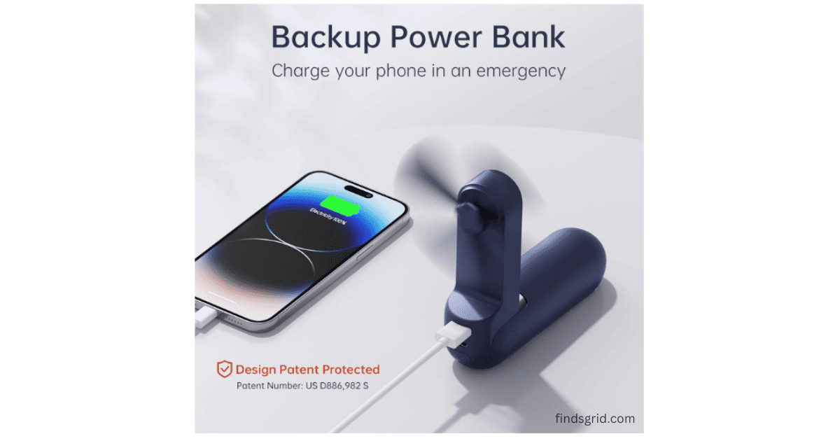 Personal mini fan with power bank capability charging a dead mobile smartphone with a USB cable connection during outdoor activities.