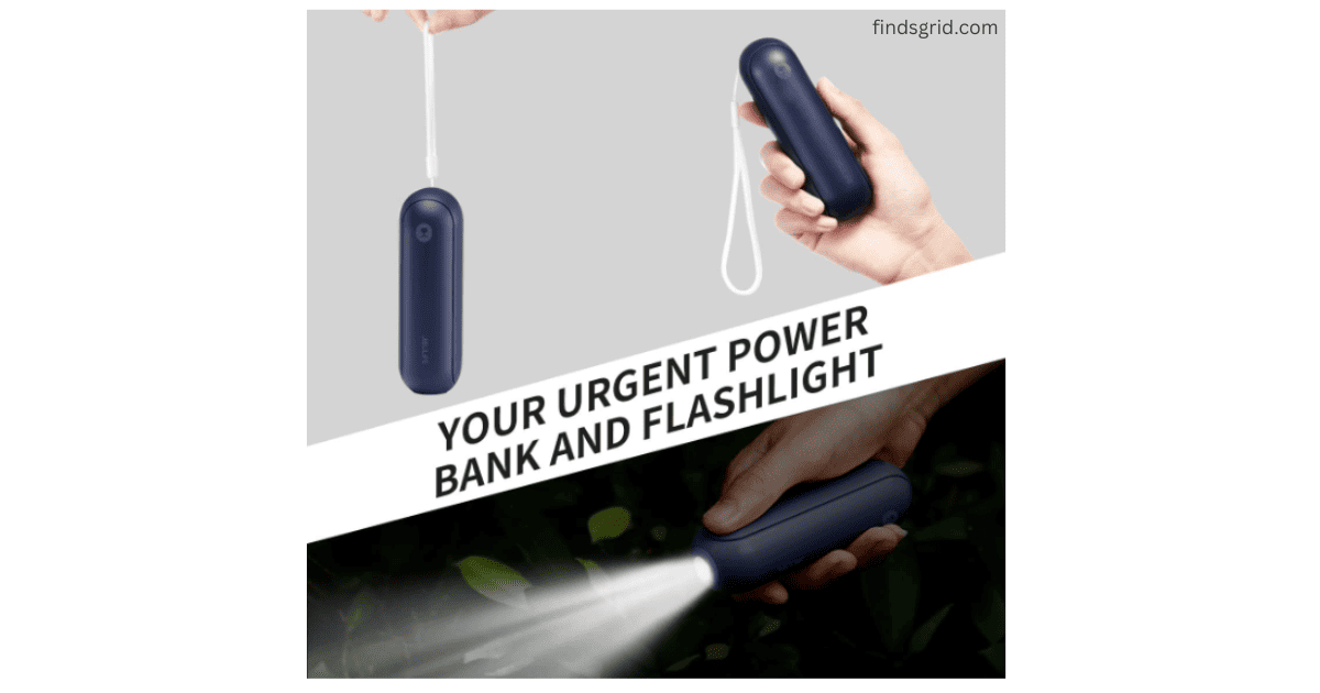 Built-in tactical LED flashlight feature on the bottom of a portable travel pocket fan glowing brightly.