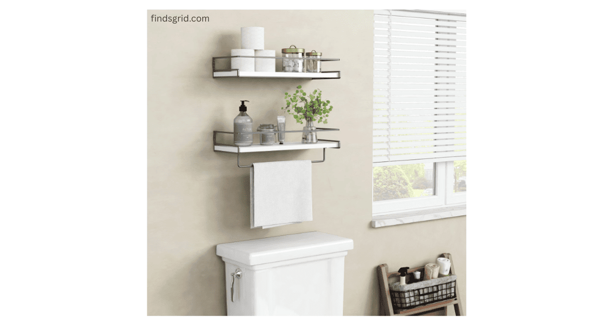 Modern floating wall shelves with towel bar installed over toilet for bathroom space saving