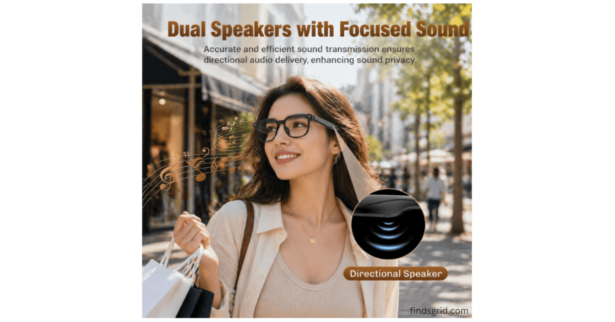 Open-ear directional dual speakers with focused sound layout on smart glasses.
