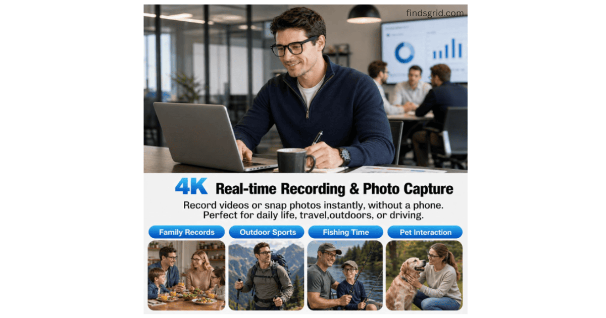 4K real-time recording and photo capture features on smart glasses for daily life and outdoor sports.
