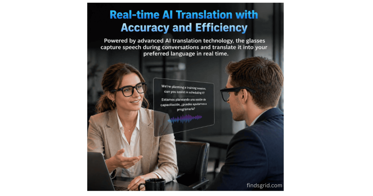 Real-time AI translation feature screen showing speech translation between two people.