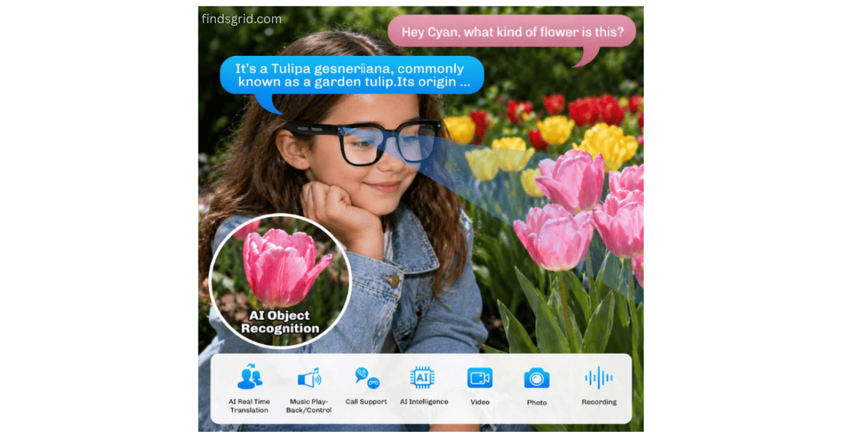 AI object recognition smart feature identifying a pink tulip flower in a garden.