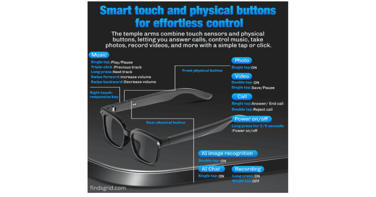 Smart touch and physical button control guide on the temple arms of smart glasses.