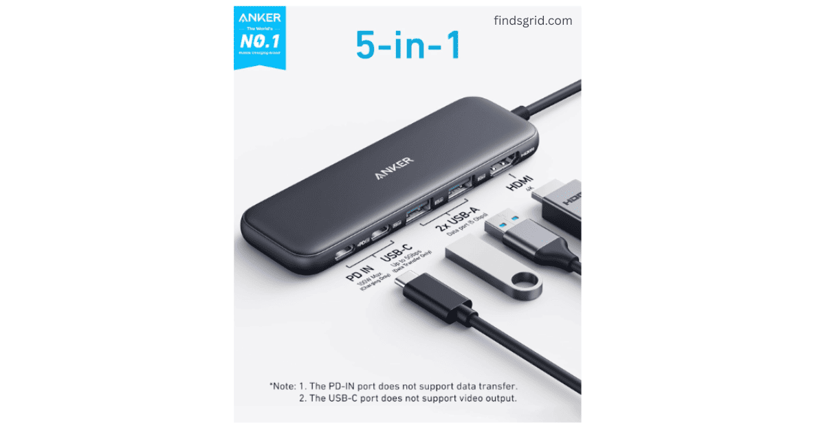 Anker 332 5-in-1 USB-C Hub - The World's Leading Supplier - product overview showing HDMI, USB-C, USB-A, and PD-IN ports