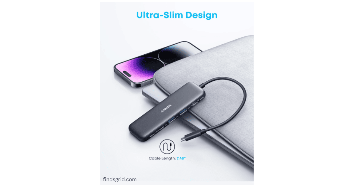 Anker 332 USB-C hub ultra-slim design showing compact size with 7.48 inch cable length