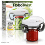 Robotwist Automatic Jar Opener Review - Deluxe model packaging and product setup on kitchen counter.
