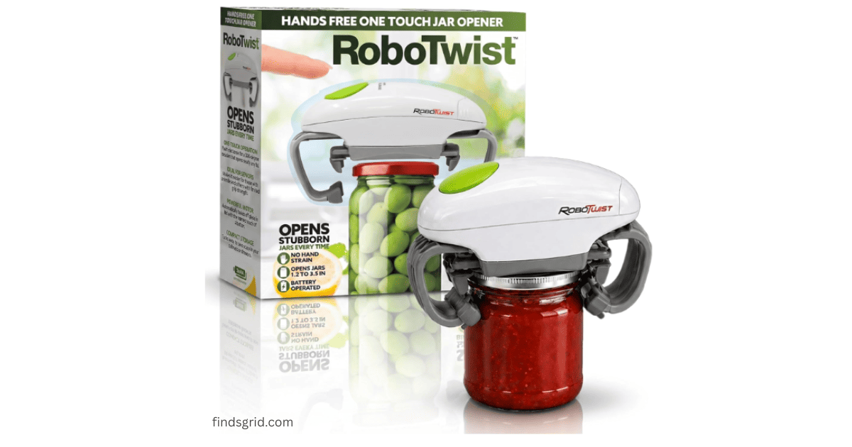Robotwist Automatic Jar Opener Review - Deluxe model packaging and product setup on kitchen counter.