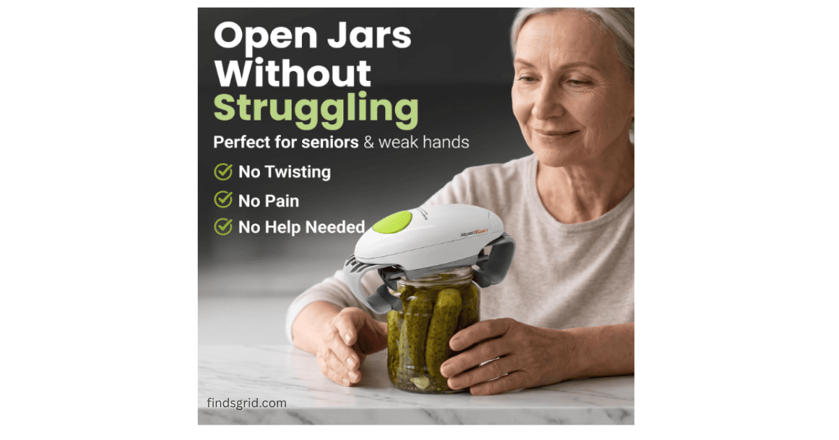 A smiling senior elderly woman using a hands free one touch jar opener on a pickle jar comfortably.