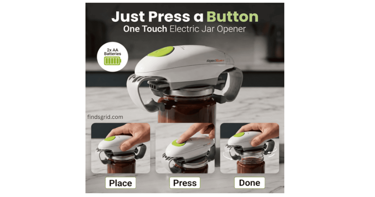 Infographic showing the 3 step process of placing, pressing the button, and completing the automatic jar opening.