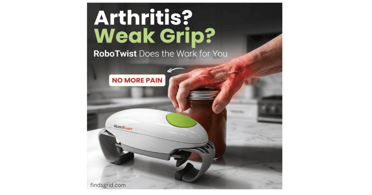 Close up of an arthritic hand with joint pain next to a Robo Twist automatic jar opener.