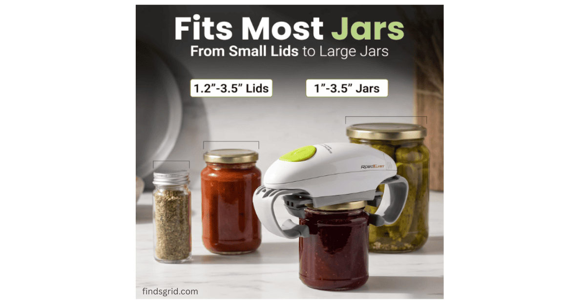 Robotwist kitchen gadget adjusting its vice grips to fit small spice jars up to large pickle glass containers.