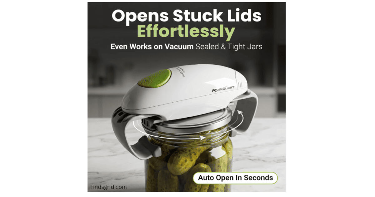Electric handsfree easy jar opener applying high torque to automatically open a vacuum sealed tight jar.
