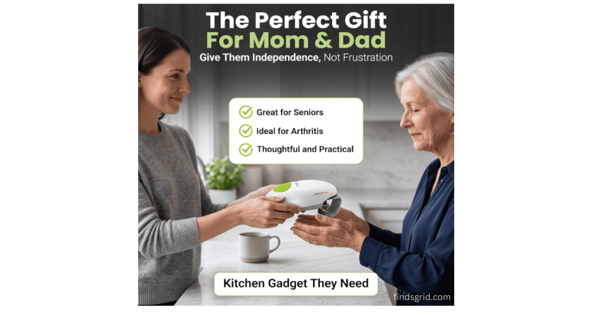 A daughter gifting the best jar opener for seniors with arthritis to her elderly mother in a modern kitchen.