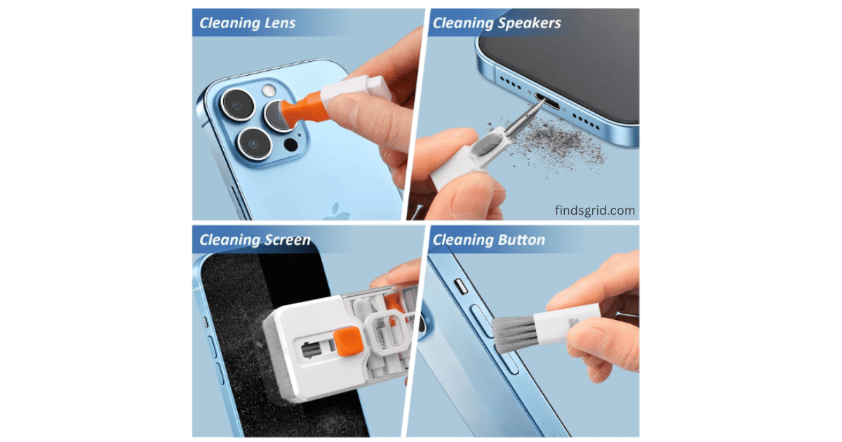 Cleaning smartphone buttons and speakers with multi function pc accessories cleaner tools