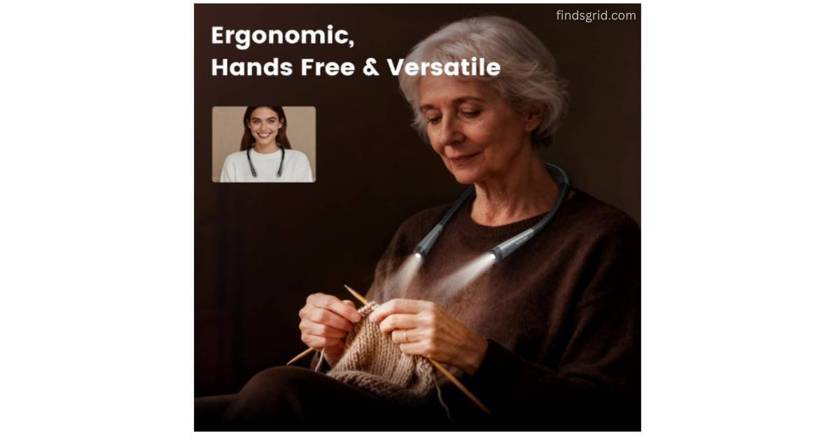 Hands free ergonomic neck light being used for knitting and crafting