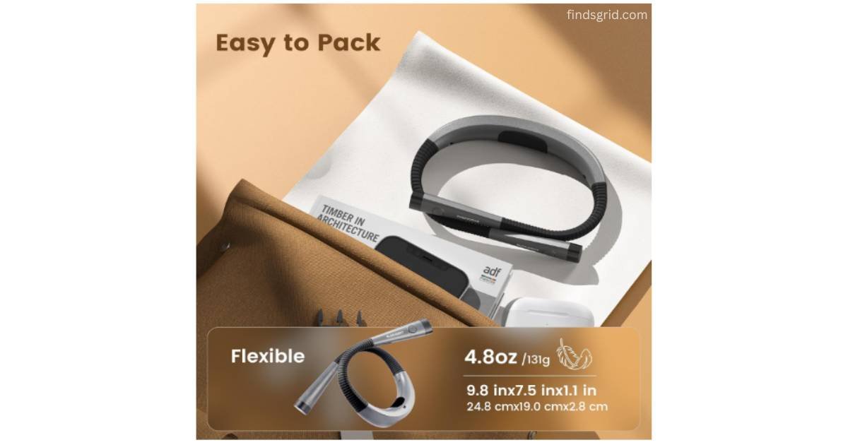 Compact lightweight and flexible Glocusent neck light packed for travel