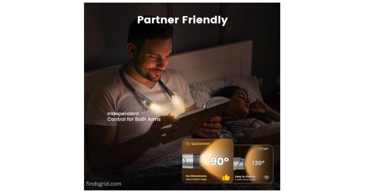Man reading in bed using Glocusent neck light without disturbing partner
