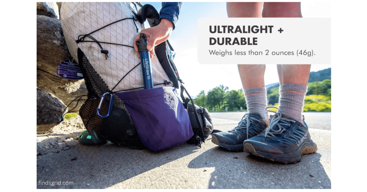 Ultralight survival filter straw tucked inside a hiking backpack pocket