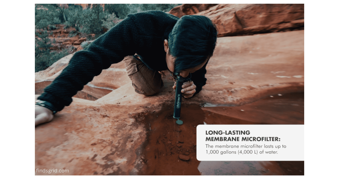 Hiker filtering muddy puddle water with 1000 gallons capacity LifeStraw